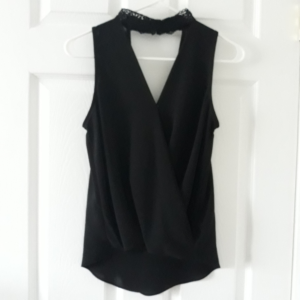 By& by black wrap lace choker v- neck blouse sz xs